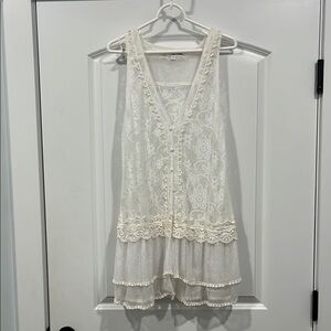 Pretty Angel Lace & Ruffle Cream Sleeveless Tunic